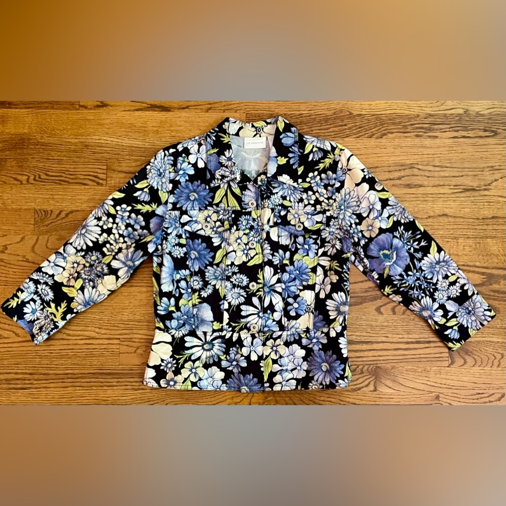Vintage Liz Claiborne Blue Green Black Floral Stretch Cotton Jacket NWOT